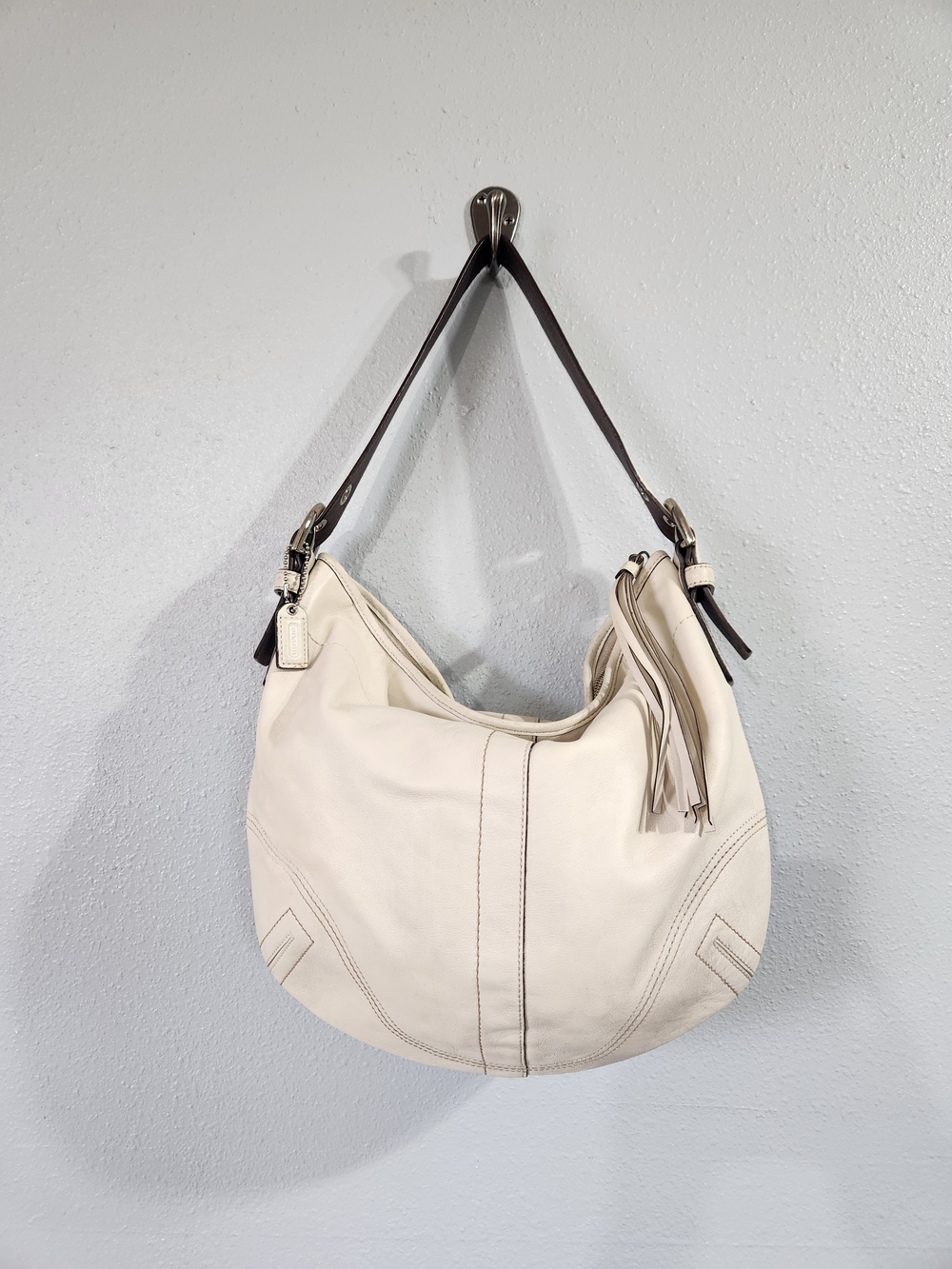 Coach Cream Leather Hobo Dark Brown Strap Y2k Xl Hobo 13x11 Vintage Htf 2000s
